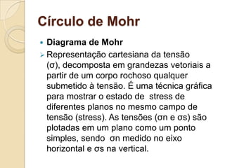 Círculo de Mohr
 Diagrama de Mohr
 Representação cartesiana da tensão
  (σ), decomposta em grandezas vetoriais a
  partir de um corpo rochoso qualquer
  submetido à tensão. É uma técnica gráfica
  para mostrar o estado de stress de
  diferentes planos no mesmo campo de
  tensão (stress). As tensões (σn e σs) são
  plotadas em um plano como um ponto
  simples, sendo σn medido no eixo
  horizontal e σs na vertical.
 