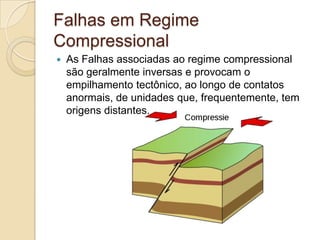 Falhas em Regime
Compressional
   As Falhas associadas ao regime compressional
    são geralmente inversas e provocam o
    empilhamento tectônico, ao longo de contatos
    anormais, de unidades que, frequentemente, tem
    origens distantes.
 