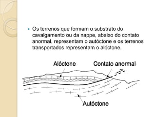    Os terrenos que formam o substrato do
    cavalgamento ou da nappe, abaixo do contato
    anormal, representam o autóctone e os terrenos
    transportados representam o alóctone.
 