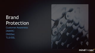 Brand
Protection
Customer Awareness
DMARC
DNSSec
TLS/SSL
 