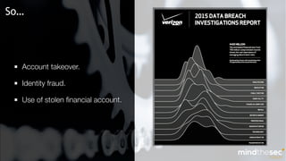 So…
Account takeover.
Identity fraud.
Use of stolen ﬁnancial account.
 