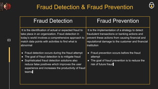 Fraud Detection & Fraud Prevention
Fraud Detection Fraud Prevention
It is the identification of actual or expected fraud to
take place in an organization. Fraud detection in
today’s world involves a comprehensive approach to
match data points with activities to find what is
abnormal
● Fraud detection occurs during the fraud attempt
● The goal of fraud detection is to mitigate fraud
● Sophisticated fraud detection solutions also
reduce false positives which improves the user
experience and increases the productivity of fraud
teams
It is the implementation of a strategy to detect
fraudulent transactions or banking actions and
prevent these actions from causing financial and
reputational damage to the customer and financial
institution
● Fraud prevention occurs before the fraud
attempt
● The goal of fraud prevention is to reduce the
risk of future fraud
03
 