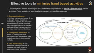 Effective tools to minimize fraud based activities
Data analytics & similar technologies are used to help organizations to detect & prevent fraud based
activities Fraud analytics is an umbrella term covering a lot of technologies
1. Business Intelligence:
In the fraud management space, BI can
be thought of as a descriptive
performance reporter. It summarizes
available data to provide business
dashboards and insights to business
leaders and fraud managers so they
can make more informed decisions.
A. Management Information: MI
relates to creating executive
dashboards, data visualisation, data
storytelling and any other reporting
methods.
B. Data Warehousing: A data
warehouse is a large collection of
business data used to help an
organization make decisions.
06
 
