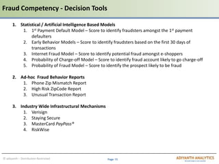 Page 15© adiyanth – Distribution Restricted
Fraud Competency - Decision Tools
1. Statistical / Artificial Intelligence Based Models
1. 1st Payment Default Model – Score to identify fraudsters amongst the 1st payment
defaulters
2. Early Behavior Models – Score to identify fraudsters based on the first 30 days of
transactions
3. Internet Fraud Model – Score to identify potential fraud amongst e-shoppers
4. Probability of Charge-off Model – Score to identify fraud account likely to go charge-off
5. Probability of Fraud Model – Score to identify the prospect likely to be fraud
2. Ad-hoc Fraud Behavior Reports
1. Phone Zip Mismatch Report
2. High Risk ZipCode Report
3. Unusual Transaction Report
3. Industry Wide Infrastructural Mechanisms
1. Verisign
2. Staying Secure
3. MasterCard PayPass®
4. RiskWise
 