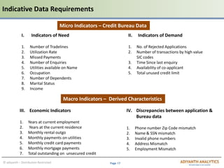 Page 17© adiyanth – Distribution Restricted
Indicative Data Requirements
I. Indicators of Need
1. Number of Tradelines
2. Utilization Rate
3. Missed Payments
4. Number of Enquiries
5. Utilities available on Name
6. Occupation
7. Number of Dependents
8. Marital Status
9. Income
II. Indicators of Demand
1. No. of Rejected Applications
2. Number of transactions by high value
SIC codes
3. Time Since last enquiry
4. Availability of co-applicant
5. Total unused credit limit
III. Economic Indicators
1. Years at current employment
2. Years at the current residence
3. Monthly rental outgo
4. Monthly payments on utilities
5. Monthly credit card payments
6. Monthly mortgage payments
7. Total outstanding on unsecured credit
IV. Discrepancies between application &
Bureau data
1. Phone number Zip Code mismatch
2. Name & SSN mismatch
3. Invalid phone numbers
4. Address Mismatch
5. Employment Mismatch
Micro Indicators – Credit Bureau Data
Macro Indicators – Derived Characteristics
 