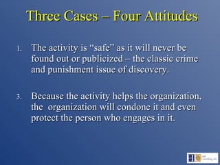 Three Cases – Four Attitudes The activity is “safe” as it will never be found out or publicized – the classic crime and punishment issue of discovery. Because the activity helps the organization, the  organization will condone it and even protect the person who engages in it. 