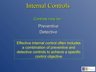 Internal Controls Preventive Detective Controls may be: Effective internal control often includes a combination of preventive and detective controls to achieve a specific control objective 