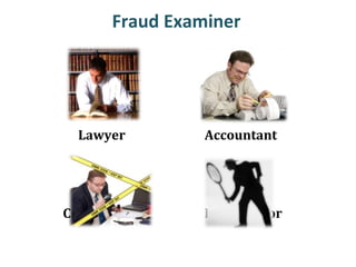 Fraud&Examiner&&&&&&&
&&&&&Lawyer&&&&&&&&&&&&&&&&&&&&&&&&&&Accountant&&
&
&
Criminologist&&&&&&&&&&&&&&&&&&Investigator&&
#
 