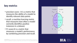 CONFIDENTIAL: The information in this document belongs to Boston Institute of Analytics LLC. Any unauthorized sharing of this
material is prohibited and subject to legal action under breach of IP and confidentiality clauses.
key metrics
• precision score : It is a metric that
measures the ability of a model to
identify relevant data points
• recall: a machine learning metric
that measures how often a model
correctly identifies positive
instances in a dataset.
• F1 score:It is a metric that
measures a model's performance
by combining precision and recall.
 