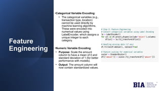 Feature
Engineering
•Categorical Variable Encoding:
• The categorical variables (e.g.,
transaction type, location)
cannot be used directly by
machine learning algorithms.
These were encoded into
numerical values using
LabelEncoder, which assigns a
unique integer to each
category.
•Numeric Variable Encoding:
• Purpose: Scale the amount
column to have a mean of 0 and
standard deviation of 1 (for better
performance with models).
• Output: The amount column will
now contain standardized values.
 