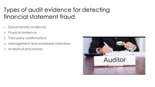 Types of audit evidence for detecting
financial statement fraud
1. Documentary evidence
2. Physical evidence
3. Third party confirmations
4. Management and employee interviews
5. Analytical procedures
 