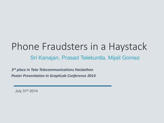 1
Phone Fraudsters in a Haystack
Sri Kanajan, Prasad Telekuntla, Mijail Gomez
3rd place in Tata Telecommunications Global Hackathon
 