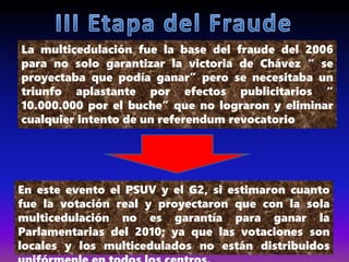 La multicedulación fue la base del fraude del 2006
para no solo garantizar la victoria de Chávez “ se
proyectaba que podía ganar” pero se necesitaba un
triunfo aplastante por efectos publicitarios “
10.000.000 por el buche” que no lograron y eliminar
cualquier intento de un referendum revocatorio
En este evento el PSUV y el G2, si estimaron cuanto
fue la votación real y proyectaron que con la sola
multicedulación no es garantía para ganar la
Parlamentarias del 2010; ya que las votaciones son
locales y los multicedulados no están distribuidos
 