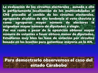 Para demostrarlo observemos el caso del
estado Carabobo
La evaluación de los circuitos electorales , aunado a ello
la perfectamente localización de los multicedulados el
CNE procedió al cambio de los circuitos electorales,
agrupando alcaldías de alta tendencia al voto chavista y
como agruparon mayor número de electores le
asignaban mayor número de diputados a elegir.
Por esa razón a pesar de la oposición obtener mayor
número de votantes a favor obtuvo menor de diputados.
Estudiaron muy bien las base de votación por circuitos
basado en las brechas para garantizar mayoría en la AN.
 