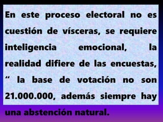 En este proceso electoral no es
cuestión de vísceras, se requiere
inteligencia emocional, la
realidad difiere de las encuestas,
“ la base de votación no son
21.000.000, además siempre hay
una abstención natural.
 