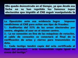 Ello quedo demostrado en el tiempo, ya que desde esa
fecha no se han repetido los famosos topes
electorales que impidió al CNE seguir manipulando la
data
La Oposición ante esa evidencia logro imponer
condiciones al CNE para evitar ese tipo de fraudes:
1.- Auditorias del 53% de las urnas electorales por
centro, elegidas al azar en el mismo centro.
2.- La no conexión on line de las máquinas de votación,
el cable de conexión se conectará al final de la
verificación de actas y cierres para transmisión de
data.
3.- Cada testigo tendrá copia del acta certificada al
final del proceso “ acta transmitida copia igual en
mano del testigo”
 