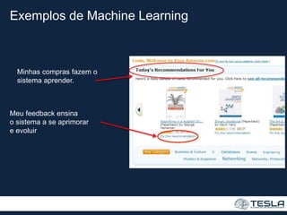 Exemplos de Machine Learning
Minhas compras fazem o
sistema aprender.
Meu feedback ensina
o sistema a se aprimorar
e evoluir
 