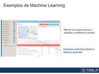 Exemplos de Machine Learning
Marcar os casos ensina o
sistema a melhorar e evoluir
Compras anteriores fazem o
sistema aprender.
 