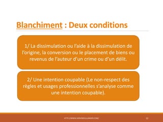 Blanchiment : Deux conditions
HTTP://WWW.HERVEBOULLANGER.COM/ 12
1/ La dissimulation ou l’aide à la dissimulation de
l’origine, la conversion ou le placement de biens ou
revenus de l’auteur d’un crime ou d’un délit.
2/ Une intention coupable (Le non-respect des
règles et usages professionnelles s’analyse comme
une intention coupable).
 