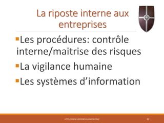 La riposte interne aux
entreprises
Les procédures: contrôle
interne/maitrise des risques
La vigilance humaine
Les systèmes d’information
HTTP://WWW.HERVEBOULLANGER.COM/ 23
 