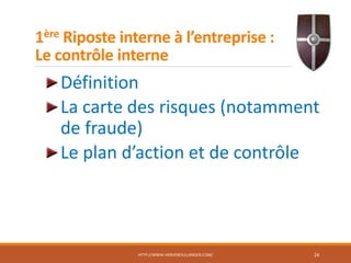 1ère Riposte interne à l’entreprise :
Le contrôle interne
Définition
La carte des risques (notamment
de fraude)
Le plan d’action et de contrôle
HTTP://WWW.HERVEBOULLANGER.COM/ 24
 
