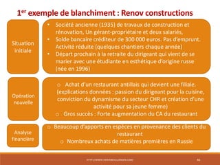 HTTP://WWW.HERVEBOULLANGER.COM/ 46
1er exemple de blanchiment : Renov constructions
Situation
initiale
• Société ancienne (1935) de travaux de construction et
rénovation, Un gérant-propriétaire et deux salariés,
• Solde bancaire créditeur de 300 000 euros. Pas d’emprunt.
Activité réduite (quelques chantiers chaque année)
• Départ prochain à la retraite du dirigeant qui vient de se
marier avec une étudiante en esthétique d’origine russe
(née en 1996)
Opération
nouvelle
o Achat d’un restaurant antillais qui devient une filiale.
(explications données : passion du dirigeant pour la cuisine,
conviction du dynamisme du secteur CHR et création d’une
activité pour sa jeune femme)
o Gros succès : Forte augmentation du CA du restaurant
Analyse
financière
o Beaucoup d’apports en espèces en provenance des clients du
restaurant
o Nombreux achats de matières premières en Russie
 
