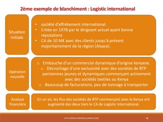 HTTP://WWW.HERVEBOULLANGER.COM/ 48
2ème exemple de blanchiment : Logistic international
Situation
initiale
• société d’affrètement international.
• Créée en 1978 par le dirigeant actuel ayant bonne
réputations
• CA de 10 M€ avec des clients jusqu'à présent
majoritairement de la région (Alsace).
Opération
nouvelle
o Embauche d’un commercial dynamique d’origine kenyane.
o Décrochage d’une exclusivité avec des sociétés de BTP
parisiennes jeunes et dynamiques commerçant activement
avec des sociétés textiles au Kenya
o Beaucoup de facturations, peu de tonnage à transporter
Analyse
financière
En un an, les flux des sociétés de BTP commerçant avec le Kenya ont
augmenté des deux tiers le CA de Logistic international.
 