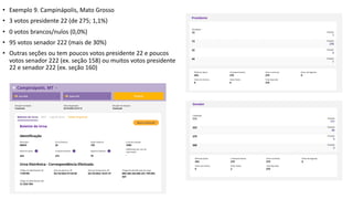 • Exemplo 9. Campinápolis, Mato Grosso
• 3 votos presidente 22 (de 275; 1,1%)
• 0 votos brancos/nulos (0,0%)
• 95 votos se...