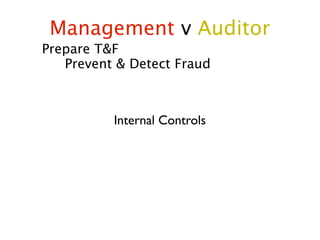 Management v Auditor
Prepare T&F
   Prevent & Detect Fraud



          Internal Controls
 