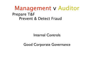 Management v Auditor
Prepare T&F
   Prevent & Detect Fraud



          Internal Controls

     Good Corporate Governance
 