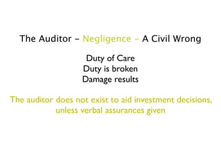 The Auditor - Negligence - A Civil Wrong

                    Duty of Care
                   Duty is broken
                   Damage results

The auditor does not exist to aid investment decisions,
            unless verbal assurances given
 