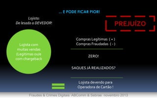 ... E PODE FICAR PIOR!
Lojista:
De lesado a DEVEDOR!

Lojista com
muitas vendas
(Legitimas ou/e
com chargeback

PREJUÍZO
Compras Legítimas ( + )
Compras Fraudadas ( - )
ZERO!

SAQUES JÁ REALIZADOS?

Lojista devendo para
Operadora de Cartão !
Fraudes & Crimes Digitais ABComm & Sebrae novembro 2013

 