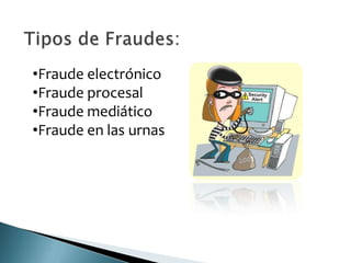 •Fraude electrónico
•Fraude procesal
•Fraude mediático
•Fraude en las urnas
 