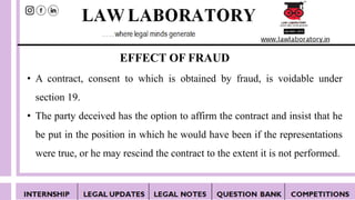EFFECT OF FRAUD
• A contract, consent to which is obtained by fraud, is voidable under
section 19.
• The party deceived has the option to affirm the contract and insist that he
be put in the position in which he would have been if the representations
were true, or he may rescind the contract to the extent it is not performed.
 