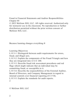 Fraud in Financial Statements and Auditor Responsibilities
Chapter 05
© 2023 McGraw Hill, LLC. All rights reserved. Authorized only
for instructor use in the classroom. No reproduction or further
distribution permitted without the prior written consent of
McGraw Hill, LLC.
Because learning changes everything.®
Learning Objectives
L O 5-1: Distinguish between audit requirements for errors,
fraud, and illegal acts.
L O 5-2: Explain the components of the Fraud Triangle and how
they are integrated into A U-C 240.
L O 5-3: Describe fraud risk assessment procedures and red
flags which might indicate that an individual may be
committing fraud, or susceptible to it.
L O 5-4: Describe the responsibilities of the External Auditor,
Board of Directors, and Company Management in regard to
internal controls over financial reporting (I C F R).
L O 5-5: Explain the standards for audit reports.
2
© McGraw Hill, LLC
2
 