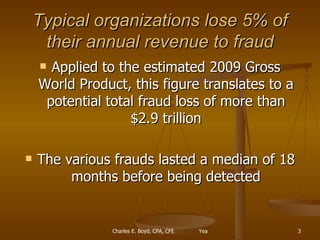Typical organizations lose 5% of their annual revenue to fraud Applied to the estimated 2009 Gross World Product, this figure translates to a potential total fraud loss of more than $2.9 trillion The various frauds lasted a median of 18 months before being detected 
