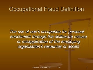 Occupational Fraud Definition The use of one’s occupation for personal enrichment through the deliberate misuse or misapplication of the employing organization’s resources or assets 