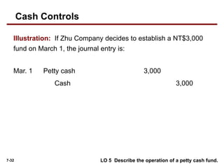 7-32
Illustration: If Zhu Company decides to establish a NT$3,000
fund on March 1, the journal entry is:
LO 5 Describe the operation of a petty cash fund.
Petty cash 3,000
Mar. 1
Cash 3,000
Cash Controls
 