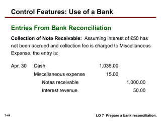 7-44
Collection of Note Receivable: Assuming interest of ₤50 has
not been accrued and collection fee is charged to Miscellaneous
Expense, the entry is:
Cash 1,035.00
Apr. 30
Miscellaneous expense 15.00
Notes receivable 1,000.00
Interest revenue 50.00
LO 7 Prepare a bank reconciliation.
Control Features: Use of a Bank
Entries From Bank Reconciliation
 