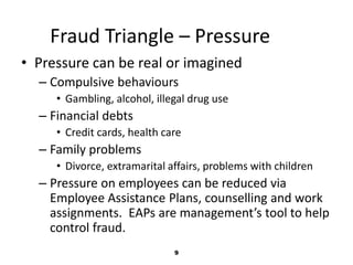 Fraud Triangle – Pressure 
• Pressure can be real or imagined 
– Compulsive behaviours 
• Gambling, alcohol, illegal drug use 
9 
– Financial debts 
• Credit cards, health care 
– Family problems 
• Divorce, extramarital affairs, problems with children 
– Pressure on employees can be reduced via 
Employee Assistance Plans, counselling and work 
assignments. EAPs are management’s tool to help 
control fraud. 
 