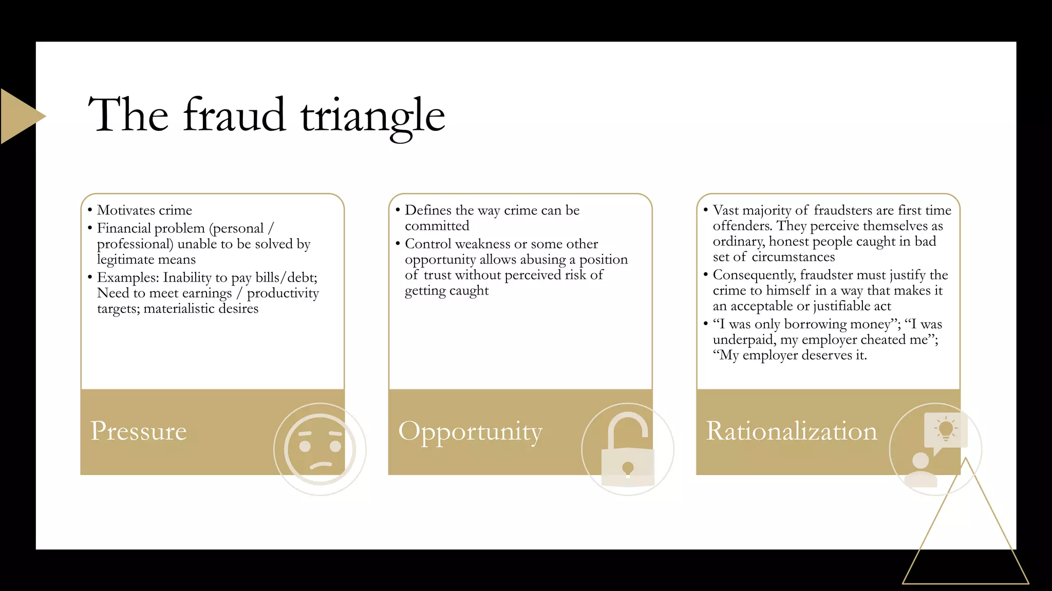 • Motivates crime
• Financial problem (personal /
professional) unable to be solved by
legitimate means
• Examples: Inability to pay bills/debt;
Need to meet earnings / productivity
targets; materialistic desires
Pressure
• Defines the way crime can be
committed
• Control weakness or some other
opportunity allows abusing a position
of trust without perceived risk of
getting caught
Opportunity
• Vast majority of fraudsters are first time
offenders. They perceive themselves as
ordinary, honest people caught in bad
set of circumstances
• Consequently, fraudster must justify the
crime to himself in a way that makes it
an acceptable or justifiable act
• “I was only borrowing money”; “I was
underpaid, my employer cheated me”;
“My employer deserves it.
Rationalization
The fraud triangle
 