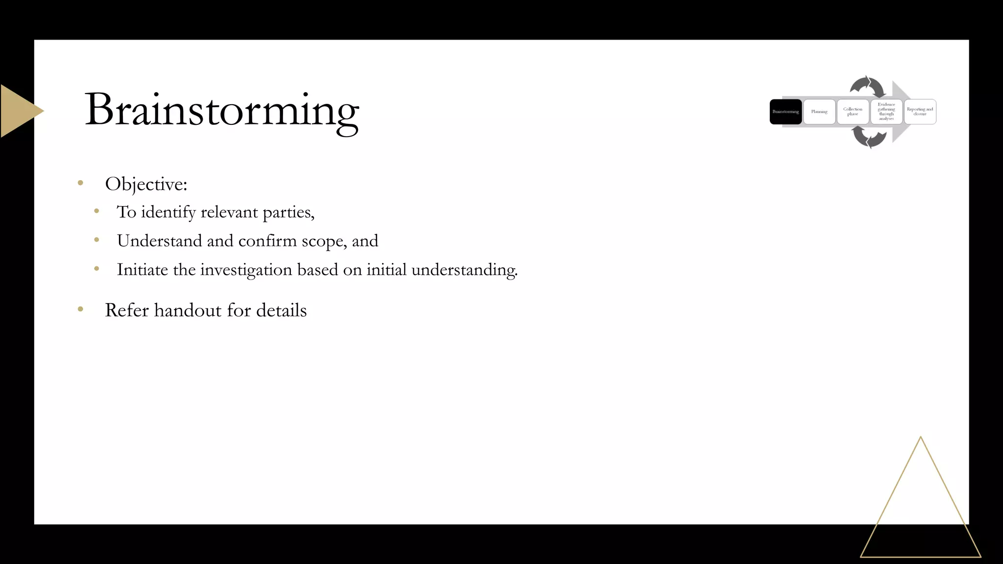• Objective:
• To identify relevant parties,
• Understand and confirm scope, and
• Initiate the investigation based on initial understanding.
• Refer handout for details
Brainstorming
 