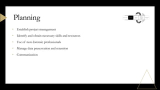 • Establish project management
• Identify and obtain necessary skills and resources
• Use of non-forensic professionals
• Manage data preservation and retention
• Communication
Planning
 