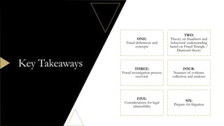ONE:
Fraud definitions and
concepts
TWO:
Theory on fraudsters and
behavioral understanding
based on Fraud Triangle /
Diamond theory
THREE:
Fraud investigation process
overview
FOUR:
Nuances of evidence
collection and analyses
FIVE:
Considerations for legal
admissibility
SIX:
Prepare for litigation
Key Takeaways
 