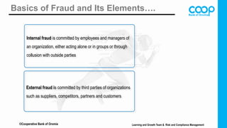 Basics of Fraud and Its Elements….
Internal fraud is committed by employees and managers of
an organization, either acting alone or in groups or through
collusion with outside parties
External fraud is committed by third parties of organizations
such as suppliers, competitors, partners and customers
©Cooperative Bank of Oromia Learning and Growth Team & Risk and Compliance Management
 
