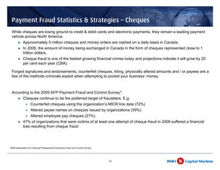 Payment Fraud Statistics & Strategies – Cheques
     While cheques are losing ground to credit & debit cards and electronic payments, they remain a leading payment
     vehicle across North America.
                Approximately 5 million cheques and money orders are cashed on a daily basis in Canada.
                In 2008, the amount of money being exchanged in Canada in the form of cheques represented close to 1
                trillion dollars.
                Cheque fraud is one of the fastest growing financial crimes today and projections indicate it will grow by 25
                per cent each year (CBA).

     Forged signatures and endorsements, counterfeit cheques, kiting, physically altered amounts and / or payees are a
     few of the methods criminals exploit when attempting to pocket your business’ money.



     According to the 2009 AFP Payment Fraud and Control Survey*:
                Cheques continue to be the preferred target of fraudsters. E.g:
                       Counterfeit cheques using the organization’s MICR line data (72%)
                       Altered payee names on cheques issued by organizations (59%)
                       Altered employee pay cheques (27%)
                47% of organizations that were victims of at least one attempt of cheque fraud in 2008 suffered a financial
                loss resulting from cheque fraud




*   2009 Association for Financial Professionals Payments Fraud and Control Survey




                                                                                     14
 