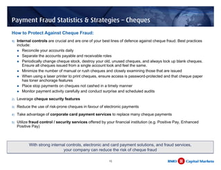 Payment Fraud Statistics & Strategies – Cheques
How to Protect Against Cheque Fraud:
1)   Internal controls are crucial and are one of your best lines of defence against cheque fraud. Best practices
     include:
        Reconcile your accounts daily
        Separate the accounts payable and receivable roles
        Periodically change cheque stock, destroy your old, unused cheques, and always lock up blank cheques.
        Ensure all cheques issued from a single account look and feel the same.
        Minimize the number of manual or rush cheques and closely examining those that are issued
        When using a laser printer to print cheques, ensure access is password-protected and that cheque paper
        has toner anchorage features
        Place stop payments on cheques not cashed in a timely manner
        Monitor payment activity carefully and conduct surprise and scheduled audits
2)   Leverage cheque security features
3)   Reduce the use of risk-prone cheques in favour of electronic payments
4)   Take advantage of corporate card payment services to replace many cheque payments
5)   Utilize fraud control / security services offered by your financial institution (e.g. Positive Pay, Enhanced
     Positive Pay)



            With strong internal controls, electronic and card payment solutions, and fraud services,
                               your company can reduce the risk of cheque fraud

                                                           15
 