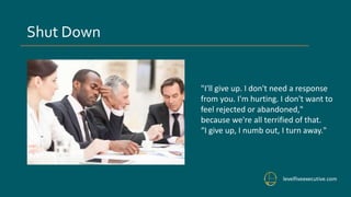 Shut Down
levelfiveexecutive.com
"I'll give up. I don't need a response
from you. I'm hurting. I don't want to
feel rejected or abandoned,"
because we're all terrified of that.
“I give up, I numb out, I turn away."
 
