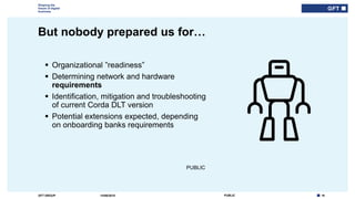 19PUBLICGFT GROUP
Shaping the
future of digital
business
PUBLIC
But nobody prepared us for…
14/06/2018
 Organizational ”readiness”
 Determining network and hardware
requirements
 Identification, mitigation and troubleshooting
of current Corda DLT version
 Potential extensions expected, depending
on onboarding banks requirements
 
