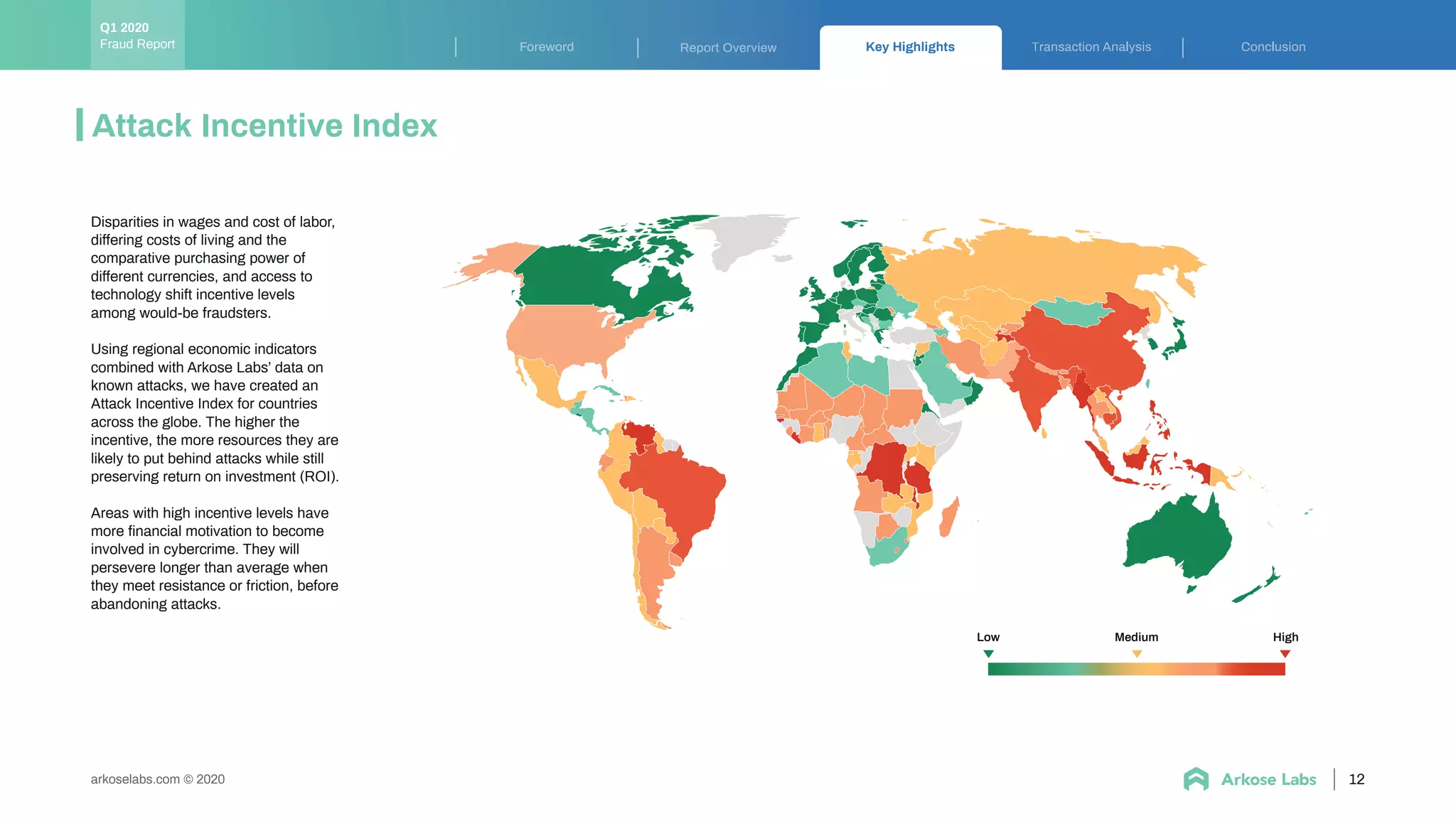 Key Highlights ransaction Analysis ConclusionForeword Report Overview
12arkoselabs.com © 2020
Fraud Report
Q1 2020
Attack Incentive Index
Disparities in wages and cost of labor,
differing costs of living and the
comparative purchasing power of
different currencies, and access to
technology shift incentive levels
among would-be fraudsters.
Using regional economic indicators
combined with Arkose Labs’ data on
known attacks, we have created an
Attack Incentive Index for countries
across the globe. The higher the
incentive, the more resources they are
likely to put behind attacks while still
preserving return on investment (ROI).
Areas with high incentive levels have
more ﬁnancial motivation to become
involved in cybercrime. They will
persevere longer than average when
they meet resistance or friction, before
abandoning attacks.
Low HighMedium
 